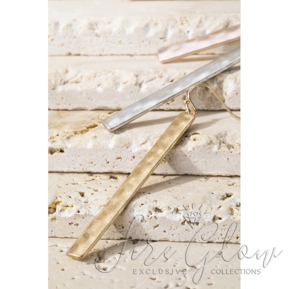 Gold Tone Long Bar Hammered Metal Hook Earrings - Picture 8 of 8